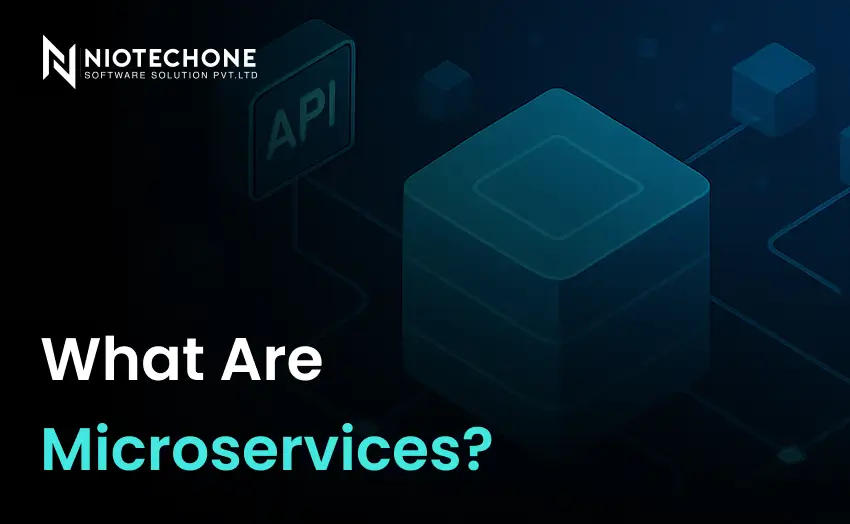 Dark-themed microservices concept image with API and distributed system visuals alongside the text “What Are Microservices?”.