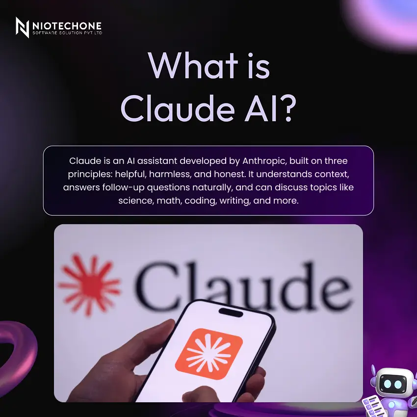 Informational graphic titled “What is Claude AI?” with description of Claude as an AI assistant by Anthropic, smartphone showing Claude logo, dark gradient background, and robot illustration.