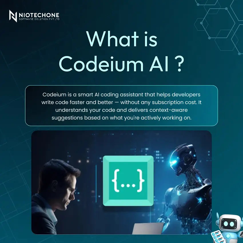 Illustration of Codeium AI coding assistant with developer and AI robot showing smart code suggestions