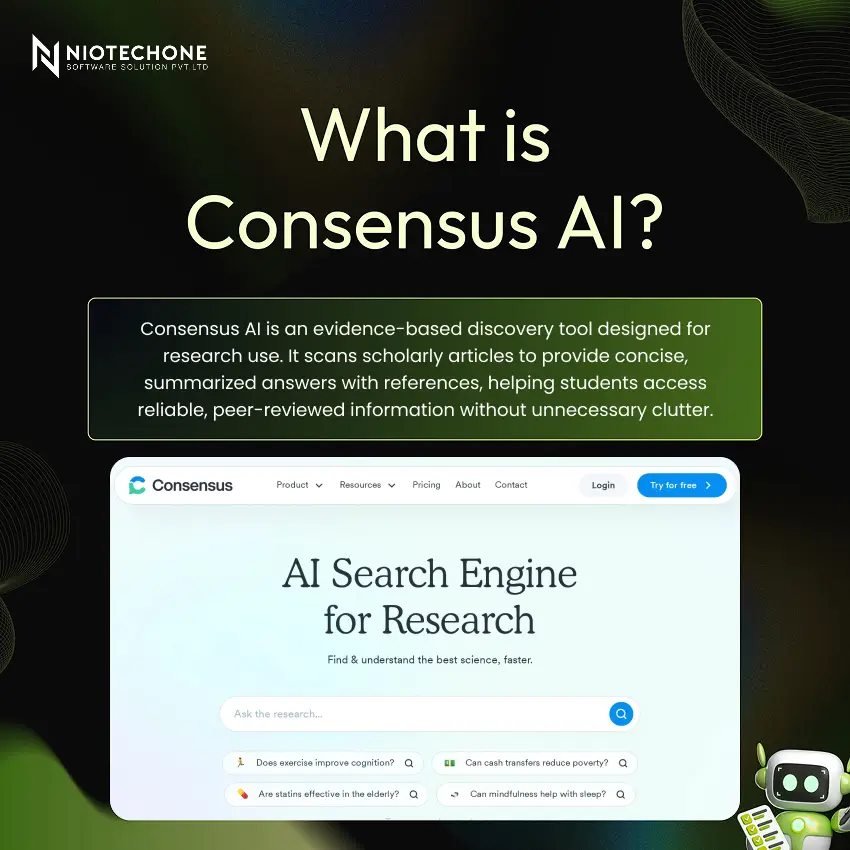 What is Consensus AI – Niotechone infographic explaining AI search engine for peer-reviewed research