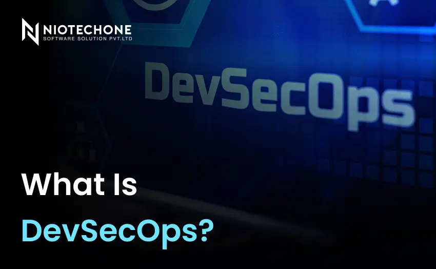 Cybersecurity-themed graphic explaining DevSecOps with secure software development and cloud security visuals.