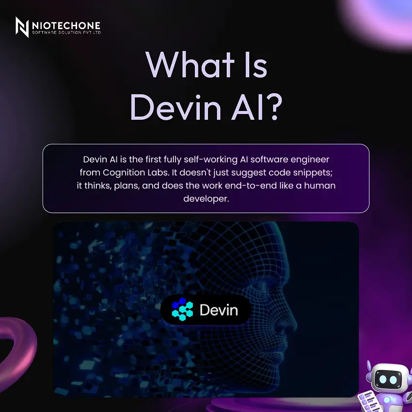 Explanation graphic describing Devin AI autonomous coding assistant with futuristic AI visuals
