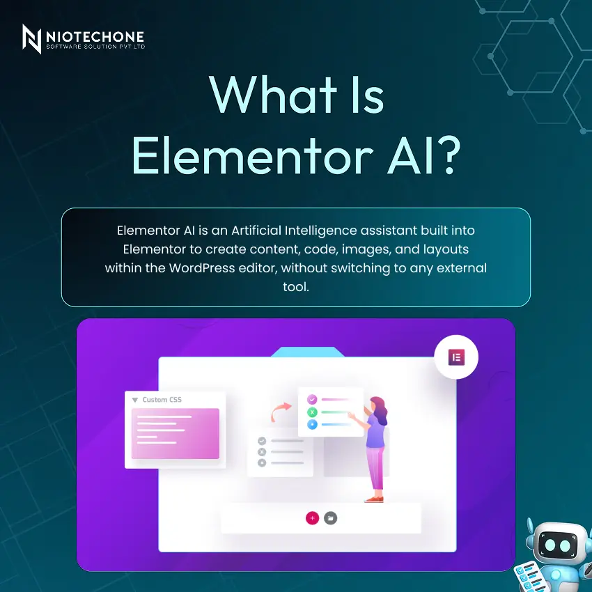 Elementor AI concept image explaining AI-powered content, code, image, and layout generation inside the WordPress editor.