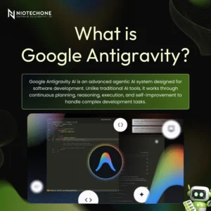 What is Google Antigravity – Niotechone infographic explaining agentic AI system for software development