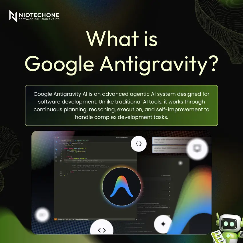 What is Google Antigravity – Niotechone infographic explaining agentic AI system for software development