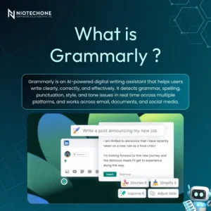 What is Grammarly – Niotechone infographic explaining AI-powered writing assistant tool