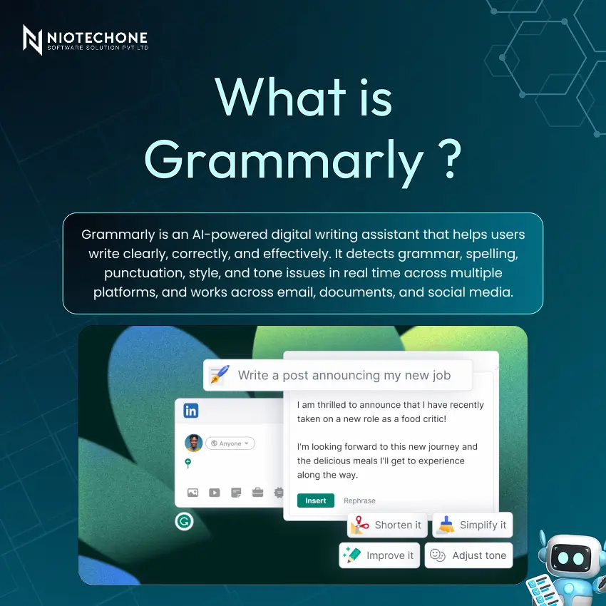 What is Grammarly – Niotechone infographic explaining AI-powered writing assistant tool