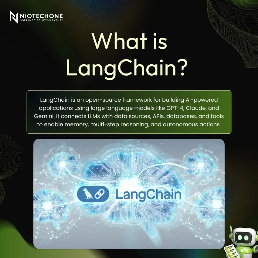 Illustration explaining LangChain as an open-source AI framework connecting large language models with APIs, databases, and tools for AI-powered applications.