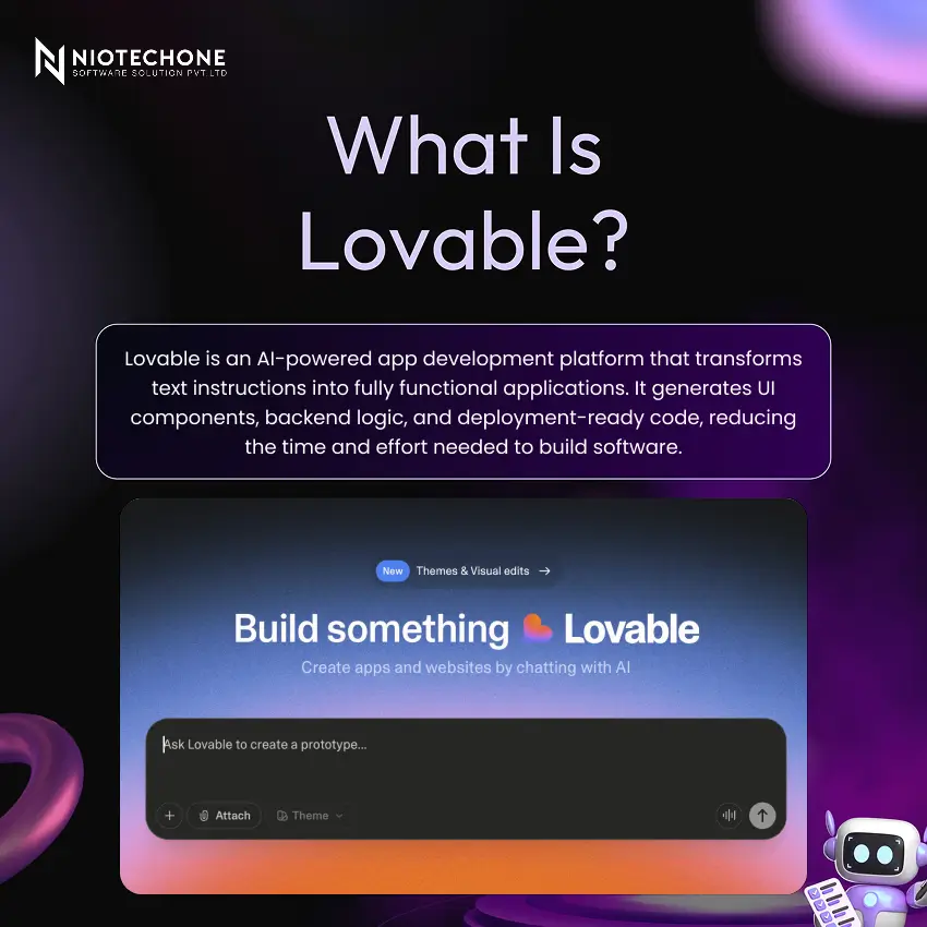 What is Lovable – Niotechone infographic explaining AI-powered app development platform that transforms text into functional apps