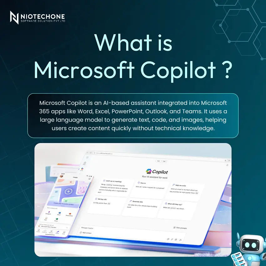 What is Microsoft Copilot – Niotechone infographic explaining AI assistant for Microsoft 365 apps