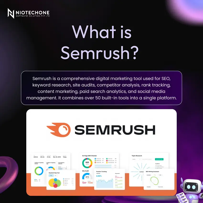 Illustration explaining Semrush as an SEO and digital marketing platform with analytics dashboard, keyword research tools, and website optimization features.