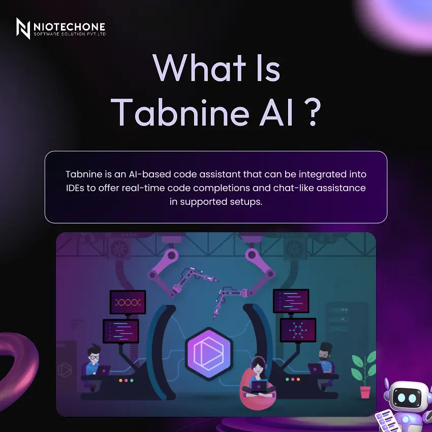 What Is Tabnine AI infographic by Niotechone showing AI-based code assistant definition