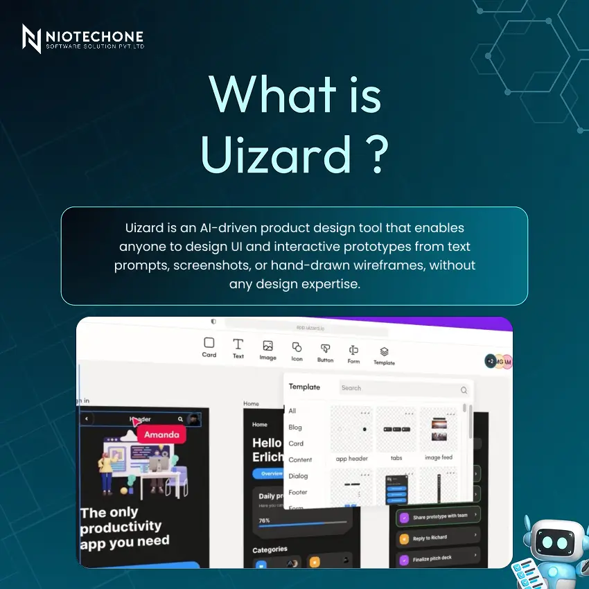 What is Uizard – Niotechone infographic explaining AI-driven product design tool for UI and interactive prototypes