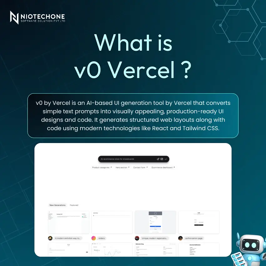 What is v0 Vercel – Niotechone infographic explaining AI-based UI generation tool
