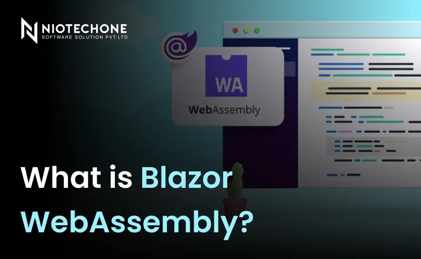 Illustration of Blazor WebAssembly development showing browser-based .NET execution with WebAssembly technology and frontend application code.