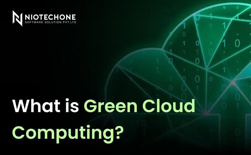 Green cloud computing concept image featuring a digital cloud with binary data and the text “What is Green Cloud Computing?”.