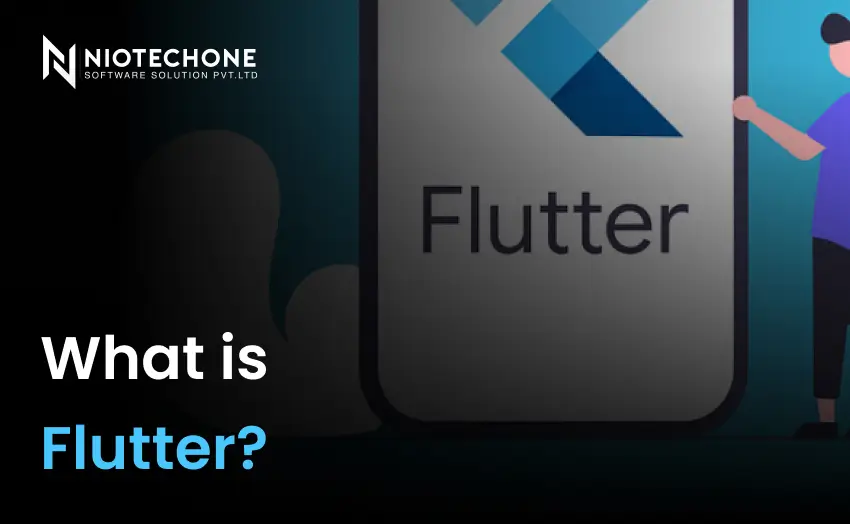 Flutter mobile app development concept image featuring a smartphone with the Flutter logo and the text “What is Flutter?”.