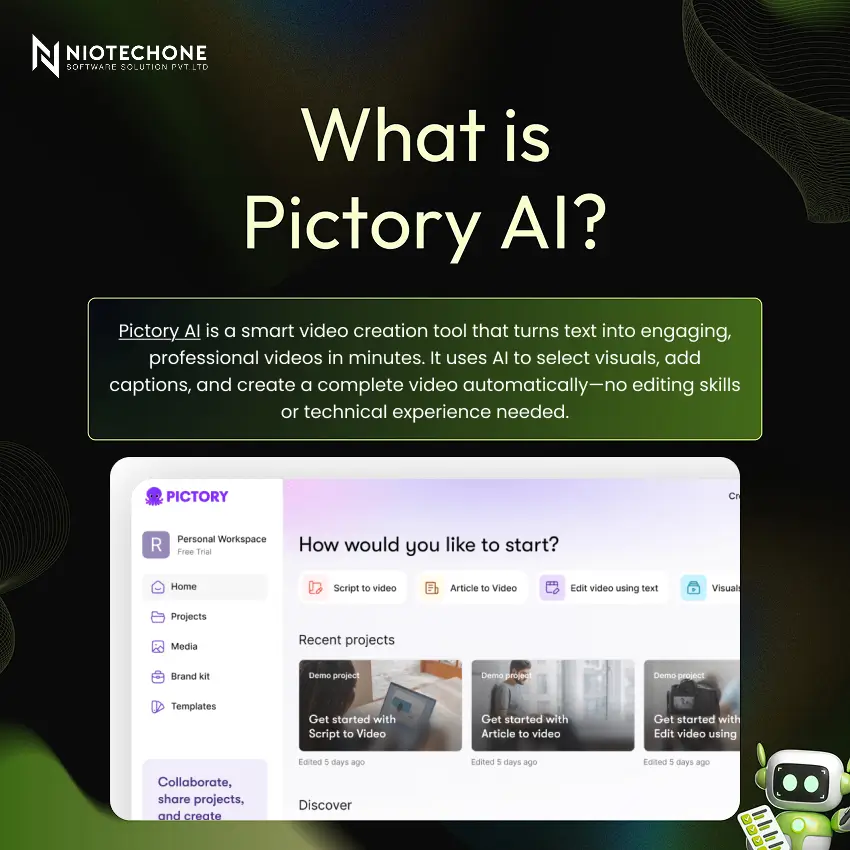 Illustration explaining Pictory AI dashboard showing text-to-video automation interface