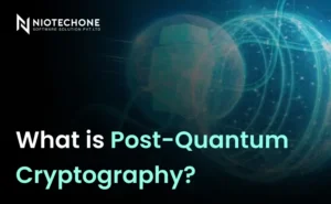 Cybersecurity-themed graphic explaining post-quantum cryptography with digital encryption visuals and secure network background.