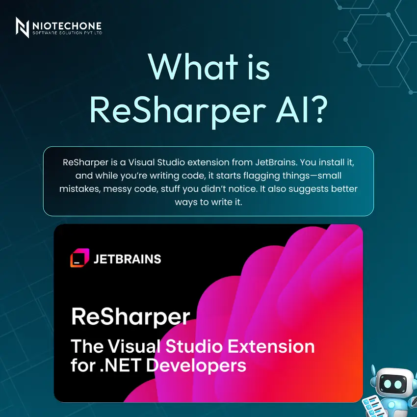 Informational graphic titled “What is ReSharper AI?” with description of JetBrains Visual Studio extension, colorful JetBrains logo section, dark blue geometric background, and small robot illustration.