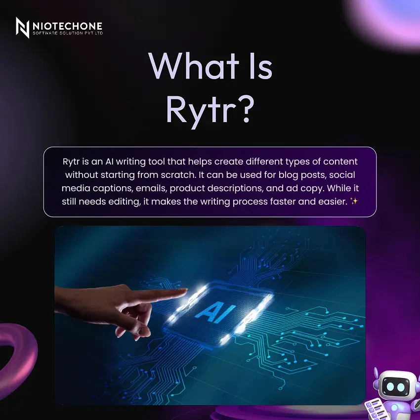 Informational graphic explaining Rytr as an AI writing tool, featuring text about content creation capabilities and an AI-themed illustration with a glowing microchip and digital interface.