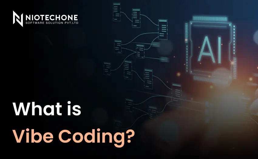 Dark-themed AI software development image featuring artificial intelligence visuals and the text “What is Vibe Coding?”.