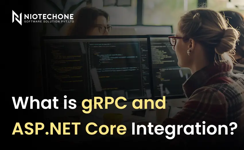 Developer working at multiple monitors with overlay text asking about gRPC and ASP.NET Core integration.