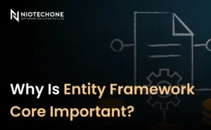 Dark-themed graphic explaining the importance of Entity Framework Core with database and software development visuals for .NET applications.