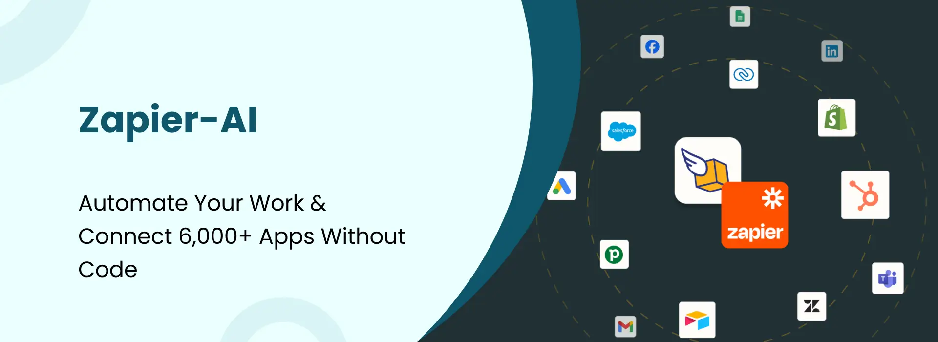 Zapier-AI banner showing the Zapier logo surrounded by various app icons, with text reading “Automate Your Work & Connect 6,000+ Apps Without Code.”
