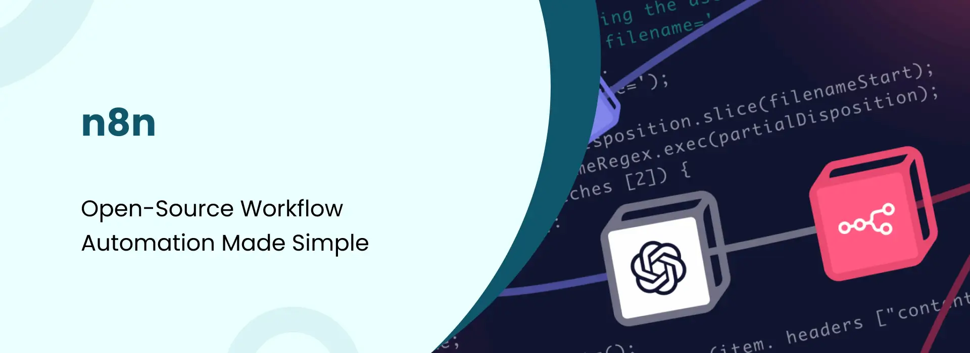 Banner showing the n8n logo and the text “Open-Source Workflow Automation Made Simple” alongside connected AI and workflow automation icons over a coding background.