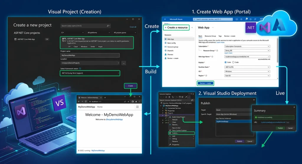 ASP.NET Core project creation in Visual Studio and deployment workflow to Azure App Service step by step
