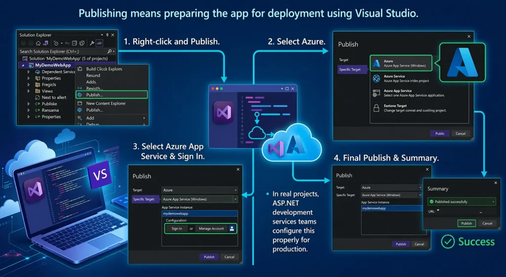 Publishing ASP.NET Core application using Visual Studio to Azure App Service with step-by-step deployment process