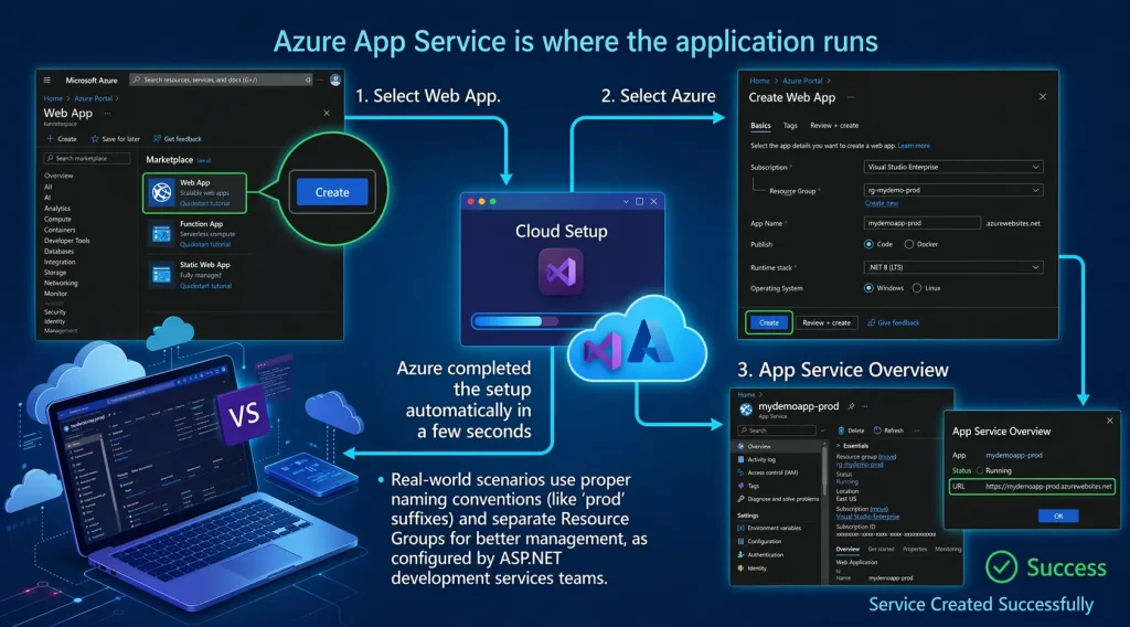 Azure App Service setup process showing web app creation, resource group selection, and successful deployment
