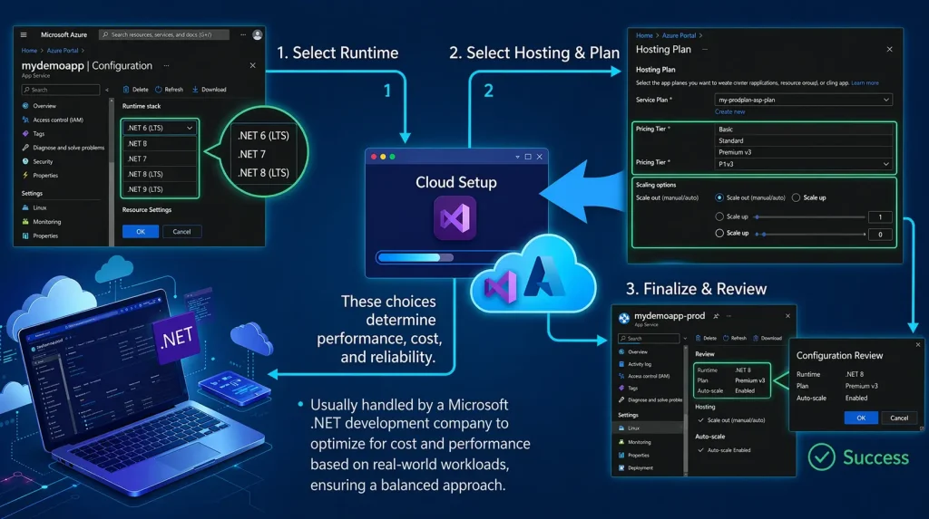 Azure runtime selection and hosting plan configuration for ASP.NET Core app including pricing tier and scaling options