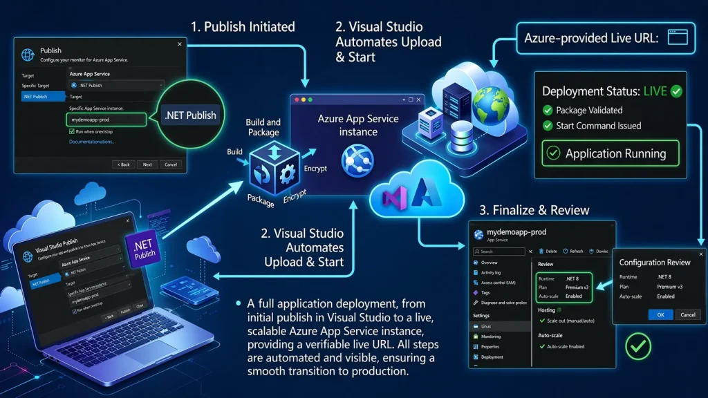 .NET application deployment process using Azure App Service and Visual Studio publish workflow