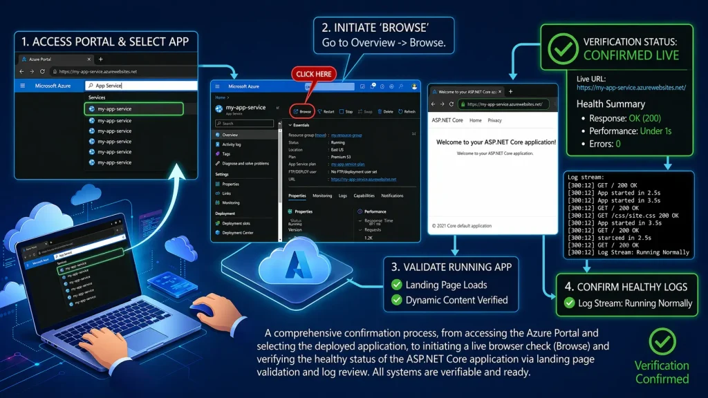 Azure App Service application verification process with live status, logs, and performance monitoring