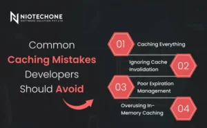Graphic outlining common ASP.NET Core caching mistakes such as caching everything, ignoring cache invalidation, poor expiration management, and overusing in-memory caching.