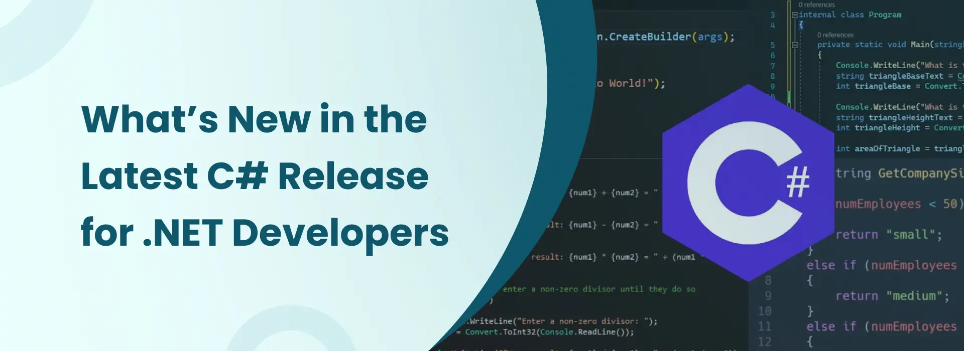 Presentation graphic featuring the latest C# release updates and new language features for .NET developers.